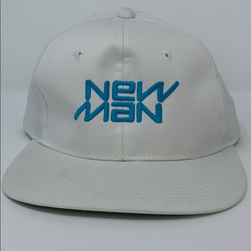 New Man white baseball cap; neon blue embroidered